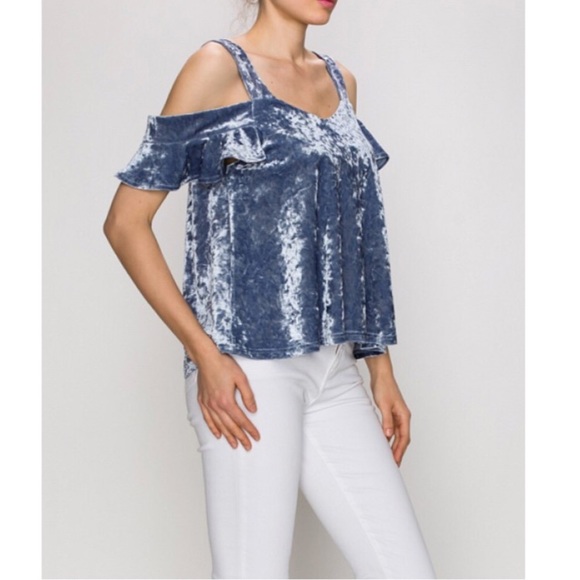 Tops - Crushed Velvet cold shoulder top soft denim